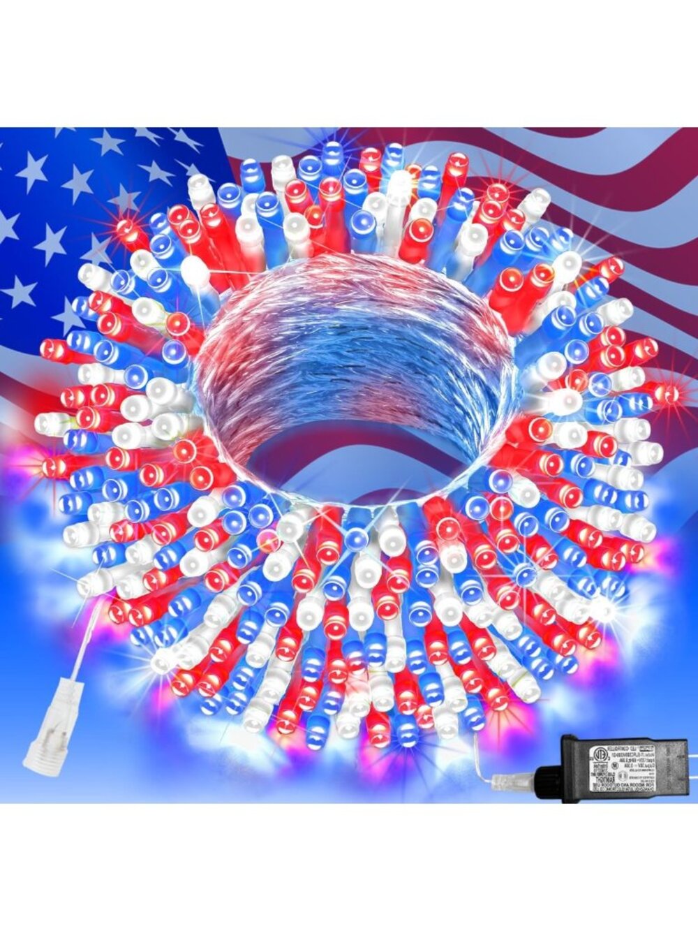 66 FT 200 LED Patriotic String Lights - Red, White & Blue Outdoor Decor for 4th